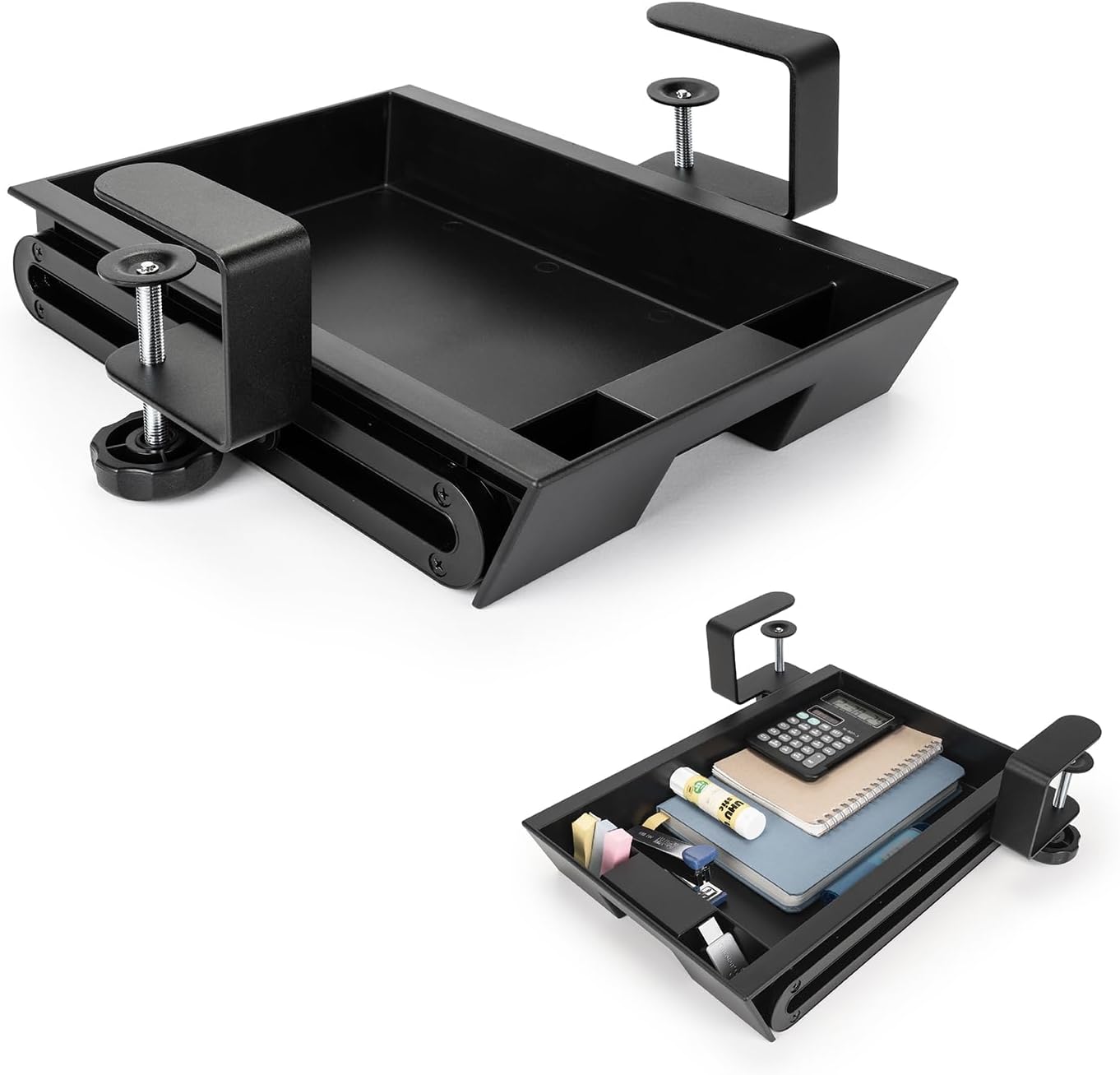 EHO Under Desk Slide-Out Storage Drawer, Small 11.7"x8.2" Pull-Out Organizer with Smooth Sliding Rail, Adjustable C-Clamp Mount, Black Tray for Home Office & Standing Desk