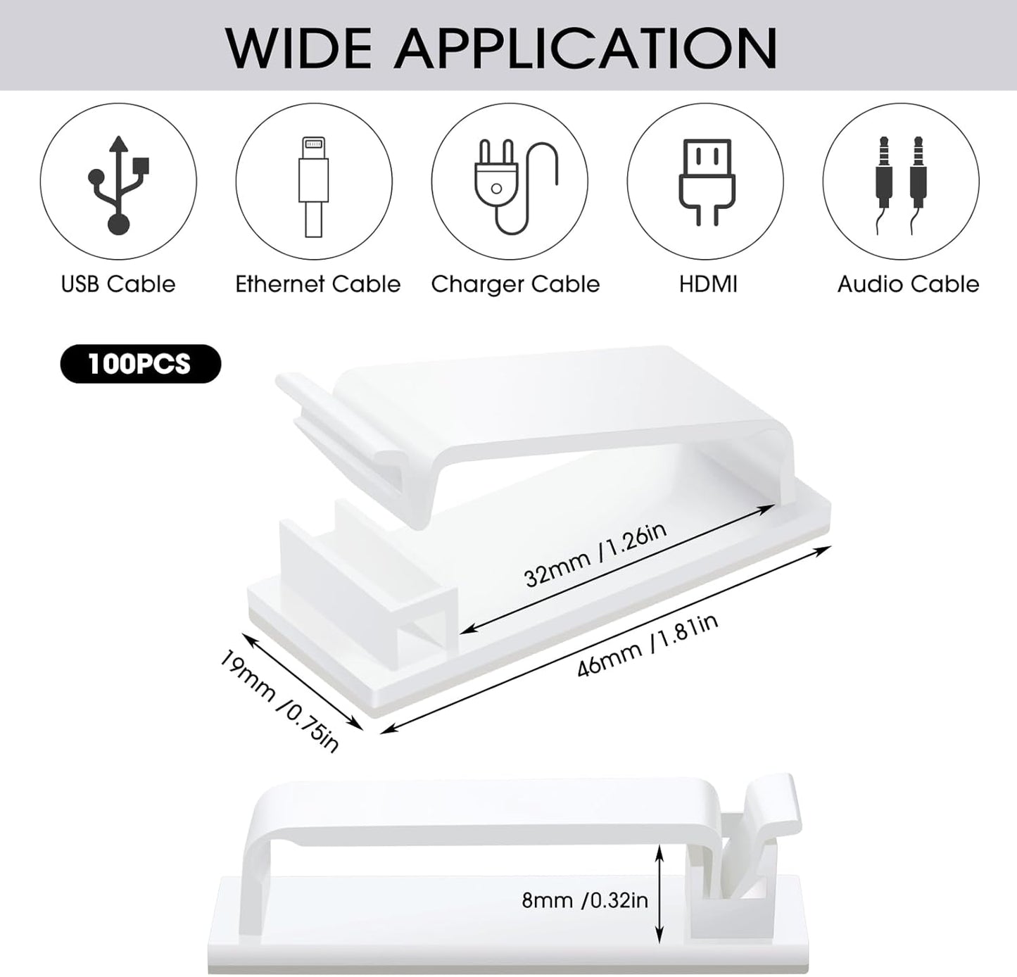 Hicarer 100 Pcs Adhesive Cable Clips Wire Clips Management Wire Cable Holder Clamps Tie Cord Holder for Car Outdoor Wall String Lights Desk Home Office(Small, White)