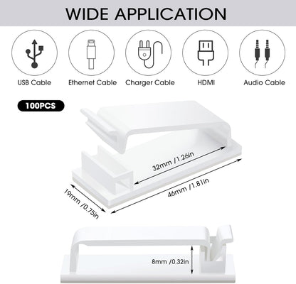 Hicarer 100 Pcs Adhesive Cable Clips Wire Clips Management Wire Cable Holder Clamps Tie Cord Holder for Car Outdoor Wall String Lights Desk Home Office(Small, White)