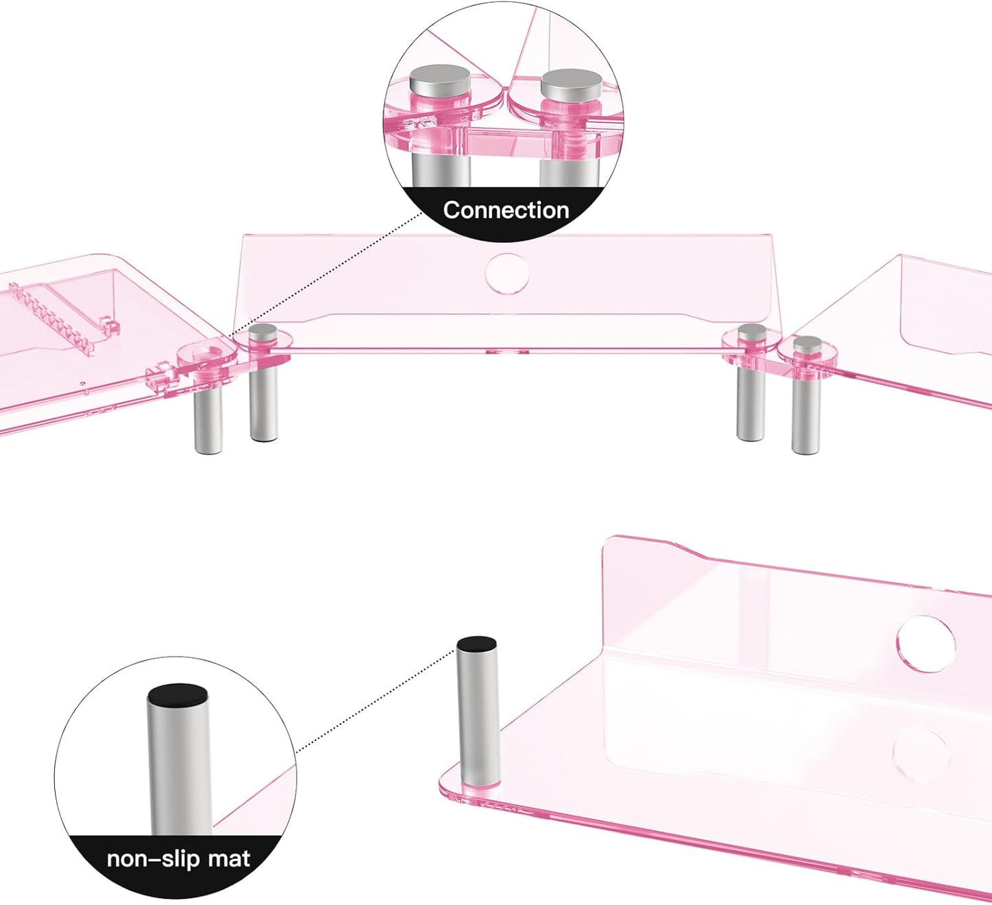 RQUOIRE Ergonomic Pink Acrylic Dual Monitor Stand with Adjustable Laptop Riser, Compatible with Desktop, Printer, TV and More Devices,monitor riser holder suitable for 2 monitors