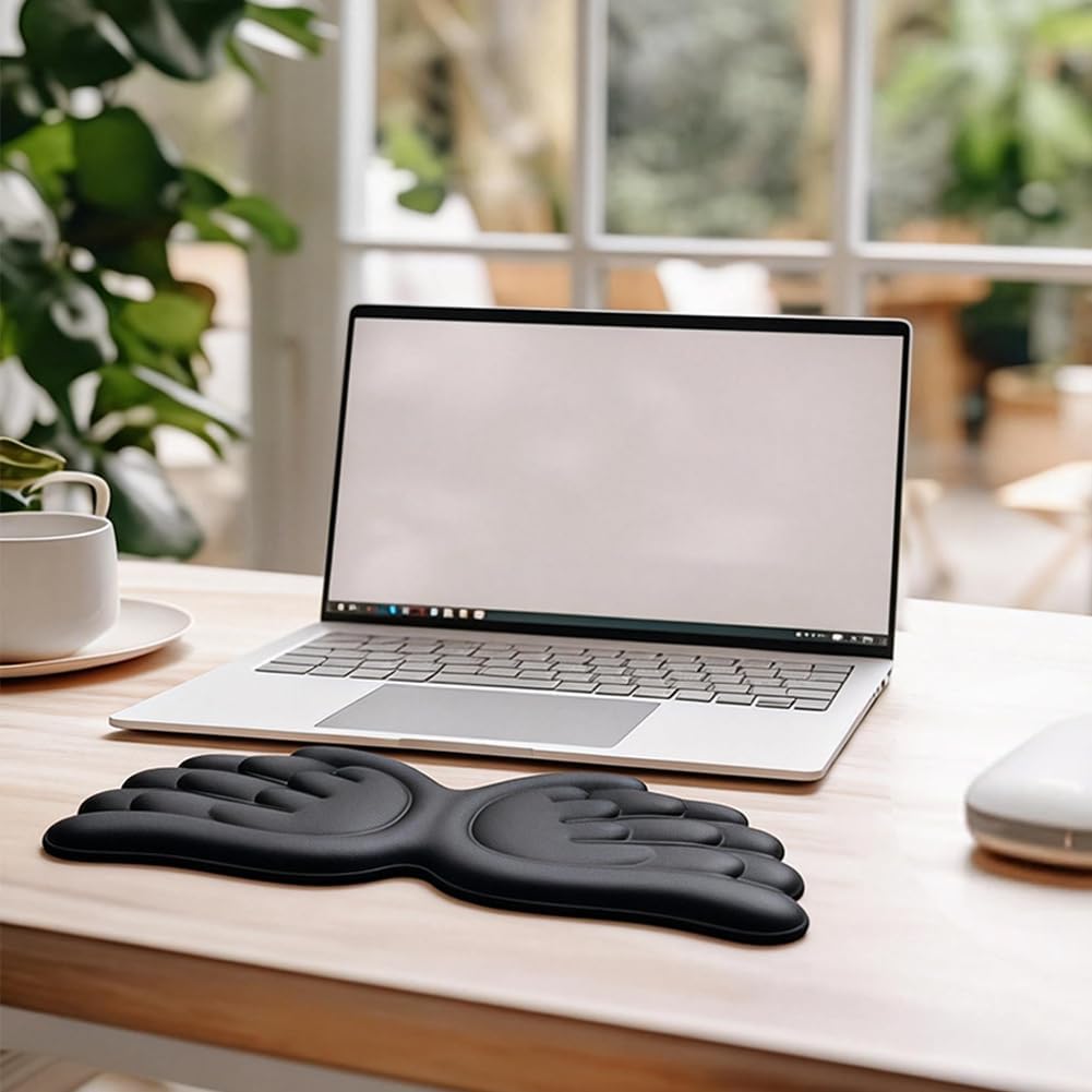 White Angel Wings Ergonomic Memory Foam Wrist Rest Computer Keyboard and Mouse Set Cute Gaming Keyboard Wrist Support pad PU Leather Surface Non-Slip and Waterproof Includes a Cleaning Brush