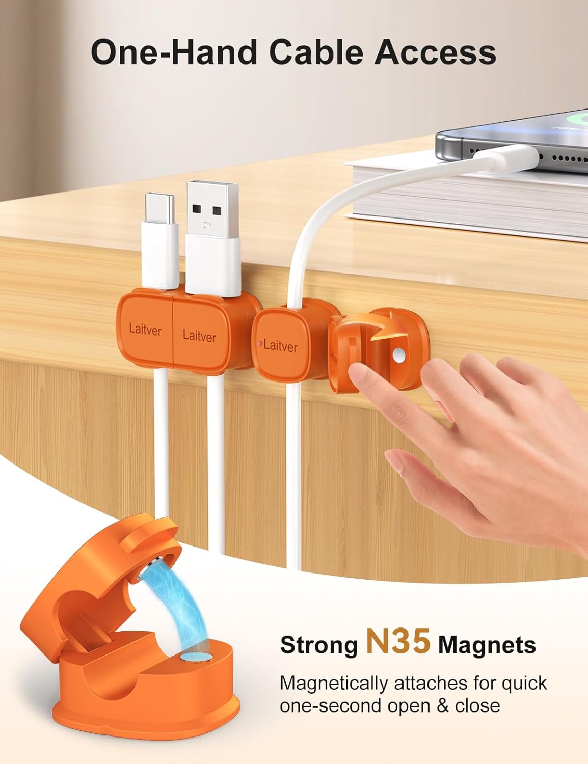 6 Pack Magnetic Cable Clips [1s Open/Lock], Laitver Cord Organizer Holder Strong Adhesive Desk Cable Management- Organize Charging Cords Neatly for Home, Office, Car,Desk, Nightstand
