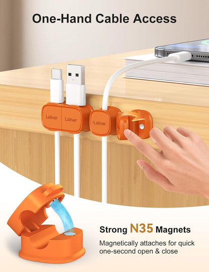 6 Pack Magnetic Cable Clips [1s Open/Lock], Laitver Cord Organizer Holder Strong Adhesive Desk Cable Management- Organize Charging Cords Neatly for Home, Office, Car,Desk, Nightstand