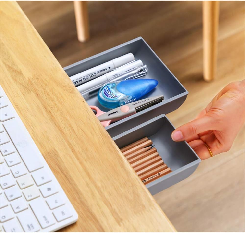 YOOUSOO 2 Pack Under Desk Storage Drawer Organizer, Hidden Slide Out Drawer Attachment, with Self - Adhesive Feature for Desktop and Table Organization, Hidden Under Desk
