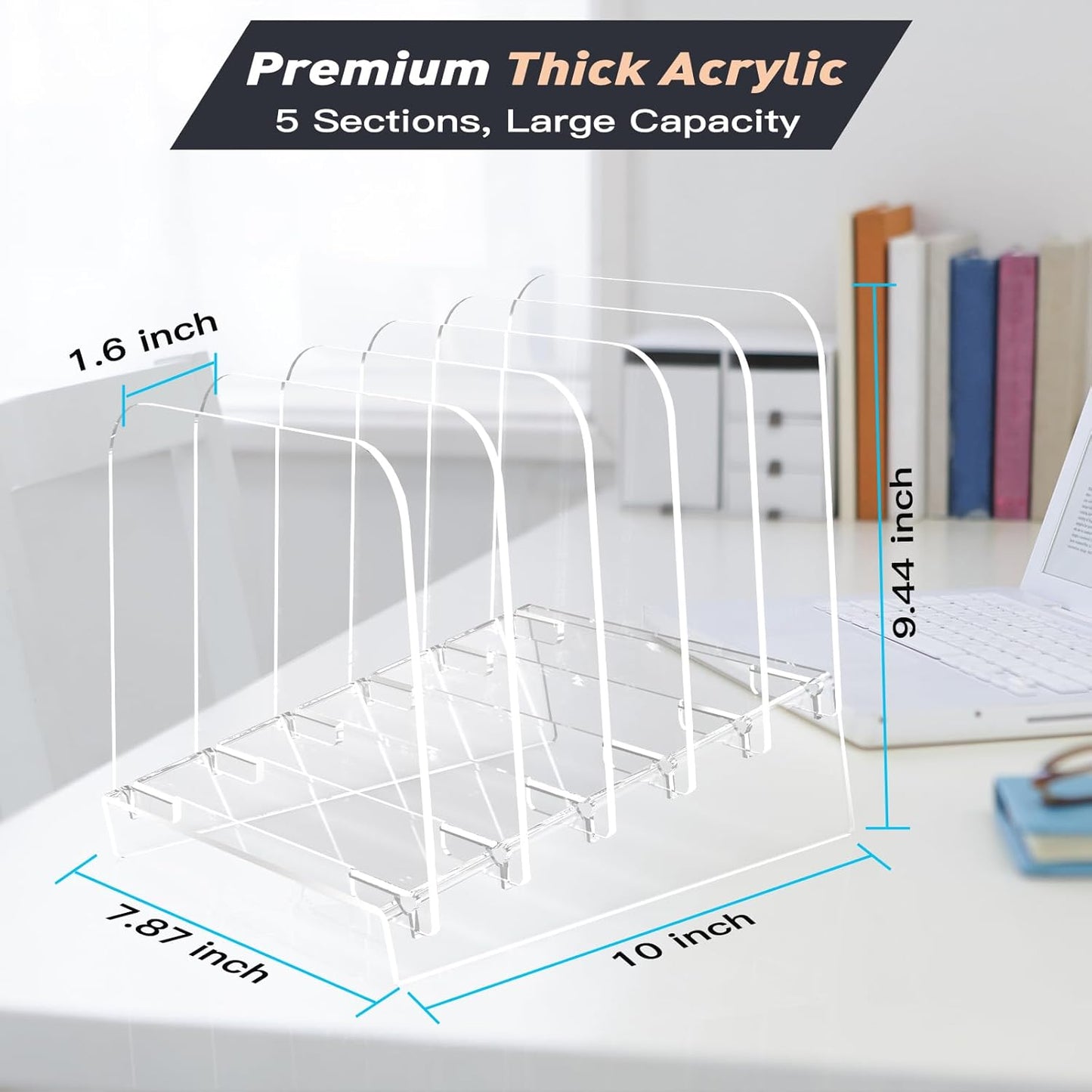 File Holder File Sorter, Vertical File Organizer for Desk, Desk Top File Folder Organizer Stand, Acrylic File Rack File Folder Holder, 5 Sections Clear File Stand for Office, School, Home