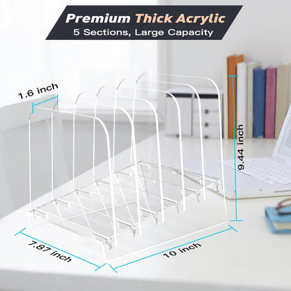 File Holder File Sorter, Vertical File Organizer for Desk, Desk Top File Folder Organizer Stand, Acrylic File Rack File Folder Holder, 5 Sections Clear File Stand for Office, School, Home