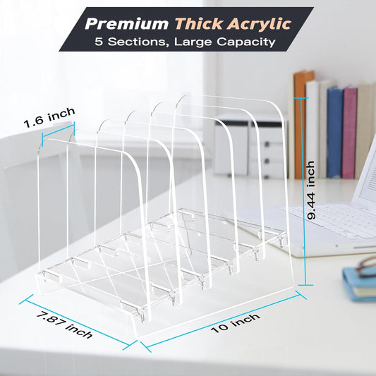 File Holder File Sorter, Vertical File Organizer for Desk, Desk Top File Folder Organizer Stand, Acrylic File Rack File Folder Holder, 5 Sections Clear File Stand for Office, School, Home