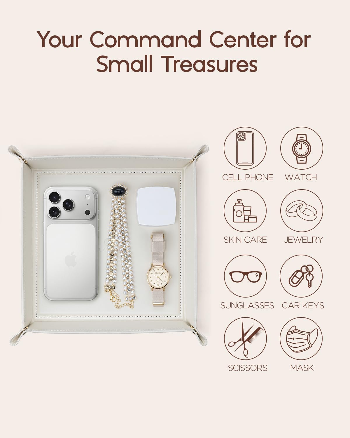 VLANDO Valet Tray for Men Women, Nightstand Organizer Vanity Catchall Holder for Dresser Desk Storage Bedside, Travel PU Leather Jewelry Key Bowl Coin Watches and Candy Entryway Tray - Large, Brown