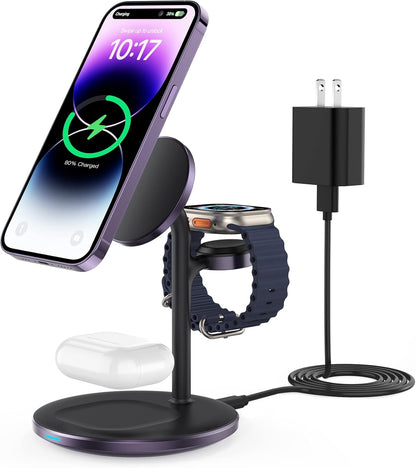 XooFly 3 in 1 Wireless Charging Station for Apple Devices, Fast Wireless Mag-Safe Charger Stand with 20W Adapter for iPhone 17 16 15 14 13 12 Pro Max/Air/Plus/Pro,iWatch,AirPods-Gift for Wife&Husband