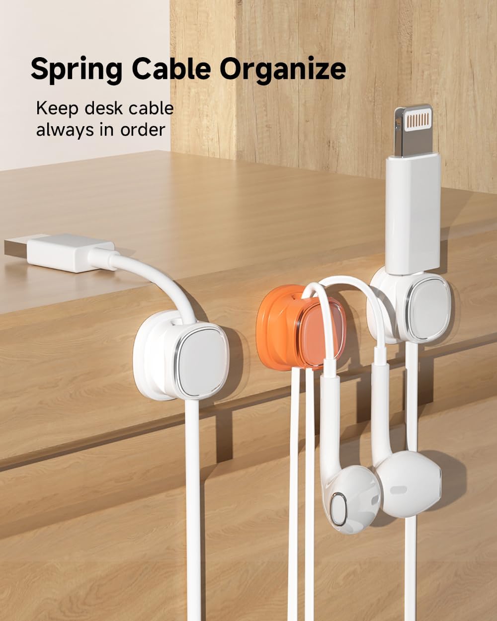9 Pack Cord Organizer, Spring Cable Management, Adhesive Cute Cable Holder Clips, Phone Charger Wire Keeper for Desk Nightstand Car Office (9-Pack White_Orange_Blue)