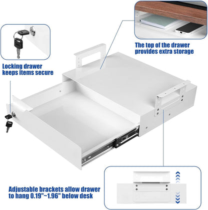Under Desk Drawer Storage with Lock, Metal Undermount Table Drawer, Ball Bearing Slides Out Tray Organizer for Paper, Pencil, and Laptop 16"x11.8"x3.6", White