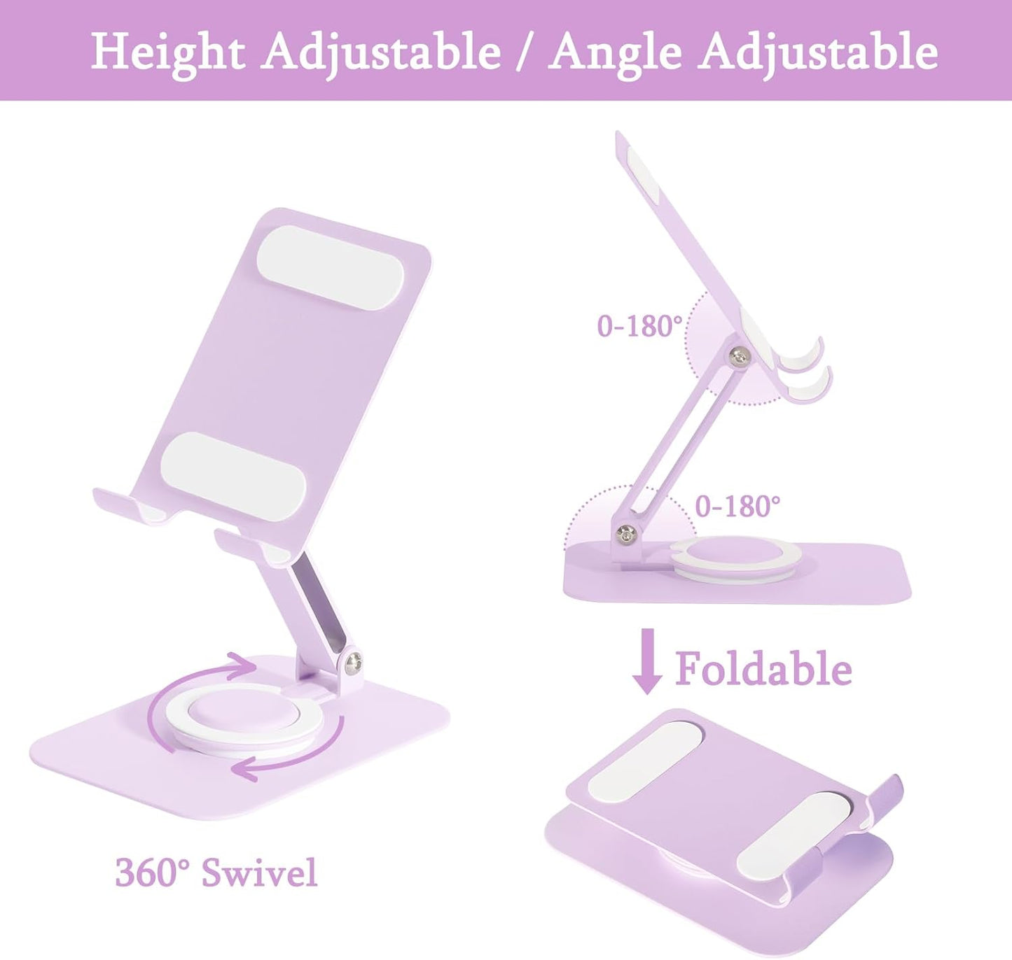 Adjustable Metal Phone Stand for Desk – Foldable 360° Rotating Phone Holder Compatible with iPhone 17/16/15/14 Pro Max/Air, Galaxy S25/S26 & Google Pixel 10a – Pink