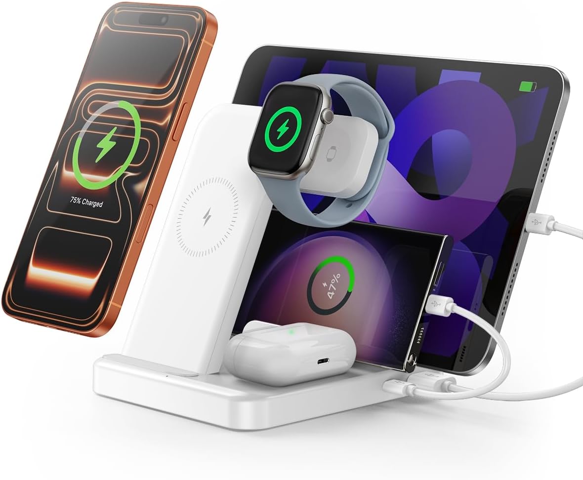 Intoval 5-in-1 Charging Station, for iPhones 17/17 Pro/17 Pro Max and Androids, iPad Pro/Air/Mini, Apple Watch 11/Ultra 3/Ultra 2/Ultra/10/9/SE, Wireless Charging Dock for Multiple Devices (Lavender)
