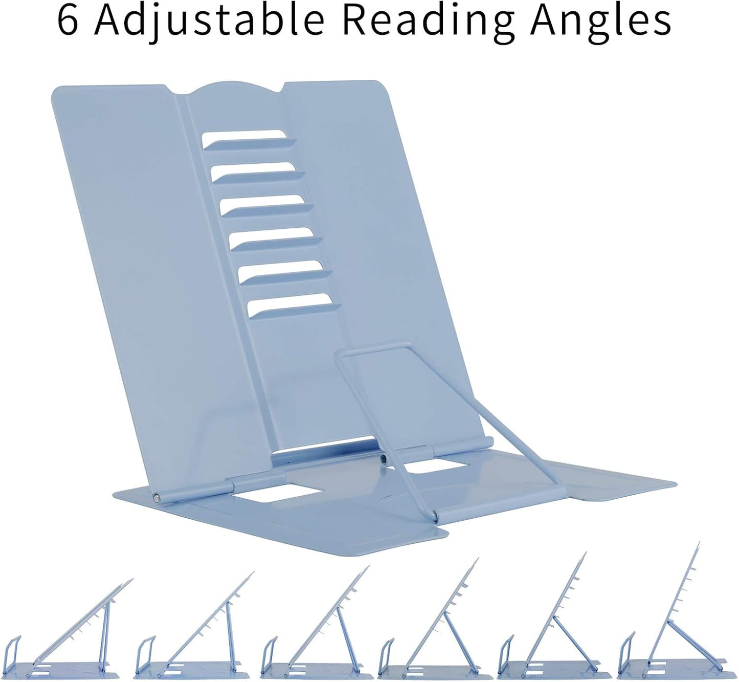 Blizzow Desk Book Stand Holder - Hands Free, Adjustable Metal Stand, Lightweight Foldable Portable - Cookbook, Tablet, Music Book, Documents (Light Blue)