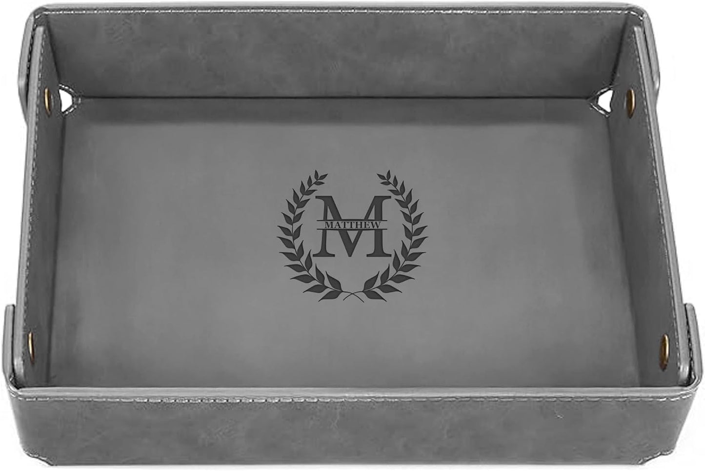 Engraved Leather Valet Tray for Men – Personalized Catchall with Custom Name for Desk, Dresser, Nightstand – Men's Organizer Tray for Keys, Wallet, Jewelry, Personalized Gift for Home, Office - Coffee
