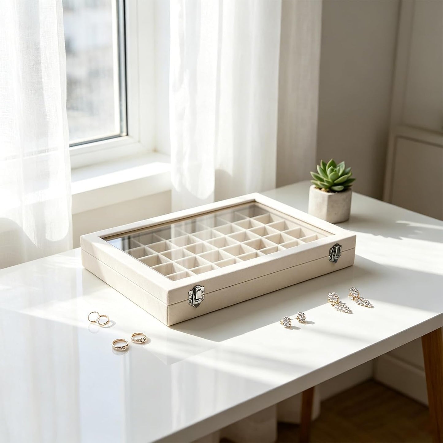Stratalife Jewelry Organizer Bracelet Organizer Storage Box 12 Grid Stackable Jewelry Tray with Lid Velvet Jewelry Box for Drawer Necklace Bracelet Display Storage Organizer Box (Beige)