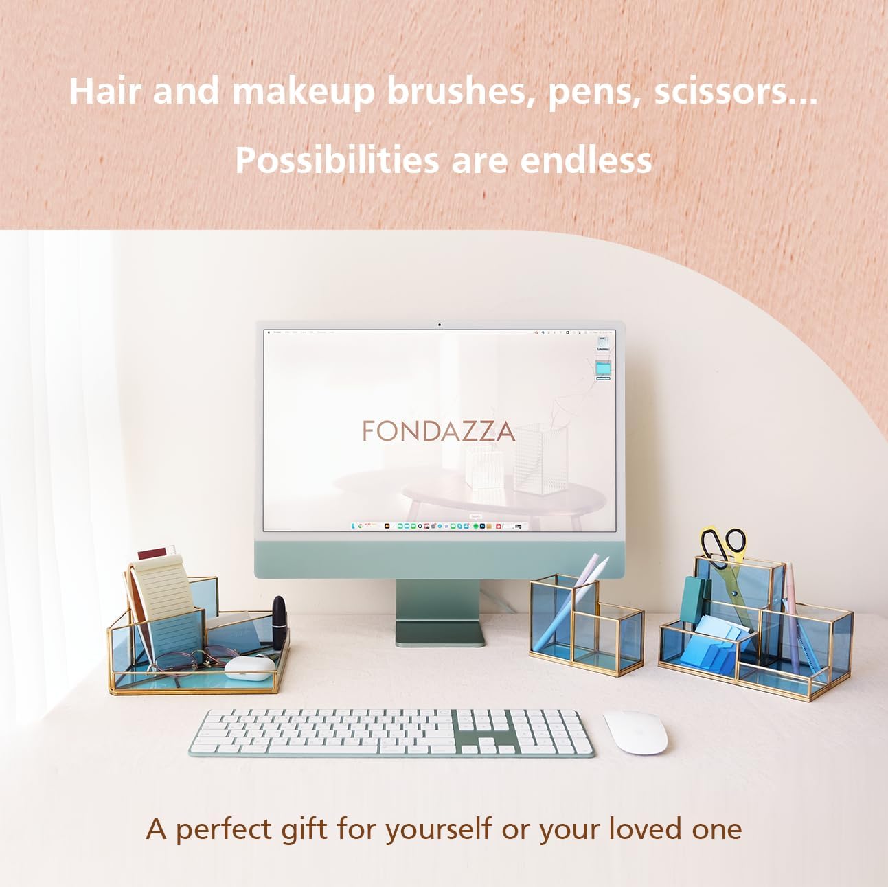 FONDAZZA Gold & Blue Glass Desk Organizer - Elegant Office Decor, Aesthetic Makeup Brush Holder, 2-Compartment Pen Holder, Pencil Cup, Vanity & Cosmetic Storage, Desk Accessories for Women