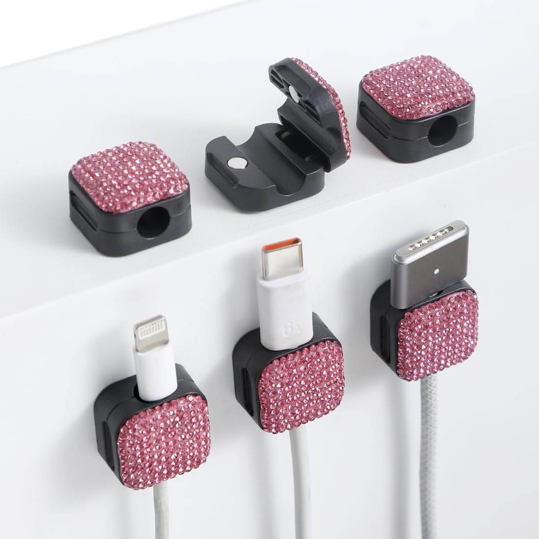 Sparkly Diamond Cord Organizer Holder, 6 Pack Magnetic Desk Cable Clips Management, Hide Phone Charging Cable Keeper, Strong Adhesive Wire Charger Holder for Nightstand, Kitchen Appliances (Pink)