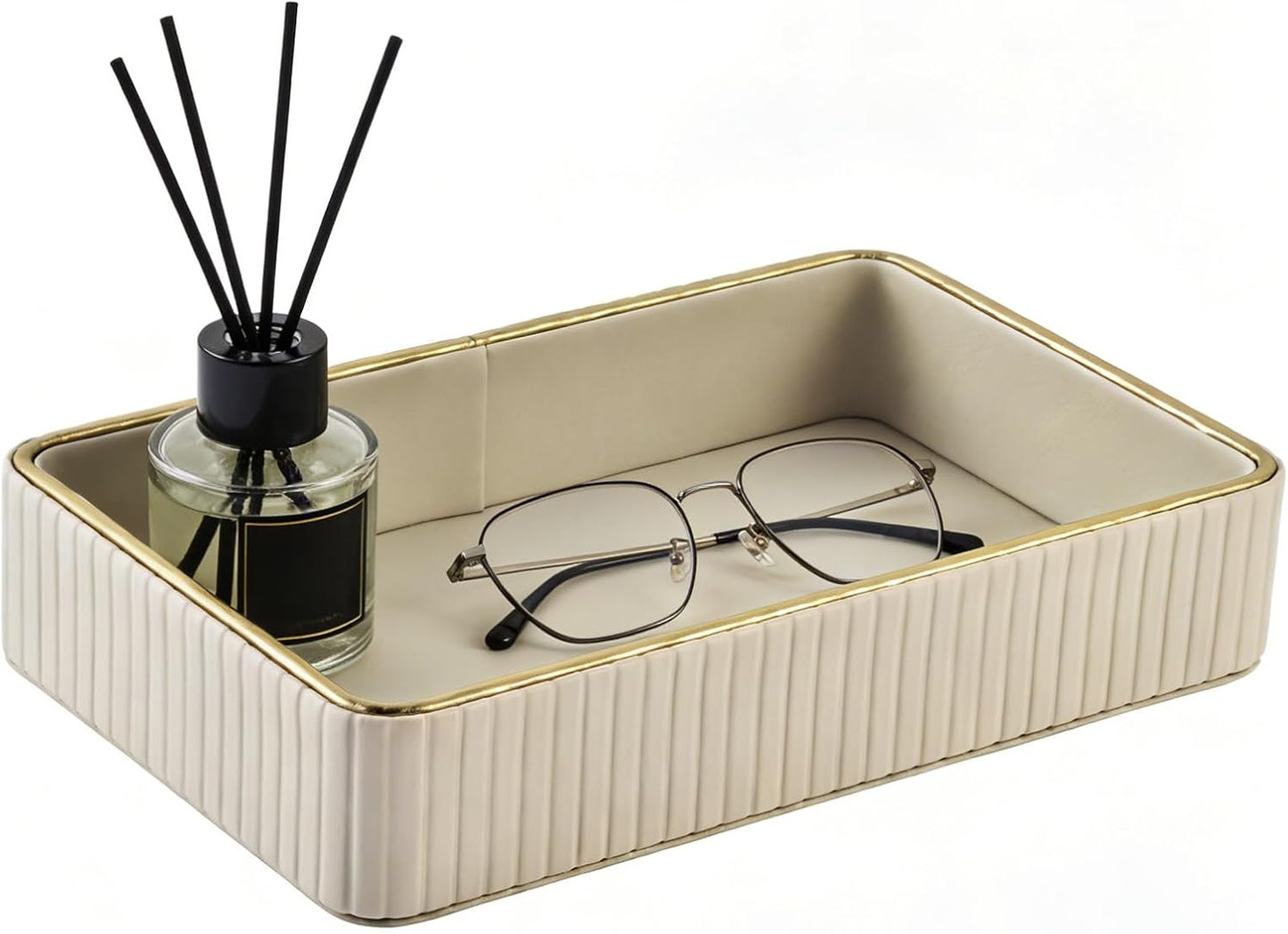 PU Leather Valet Tray,Desk Organizer Tray Nightstand Organizer Trinket Dish Storage Key Bowl Decorative Trays for Phone Wallet Jewelry Watch,Bathroom Bedroom Perfume Vanity Trays,Cream White