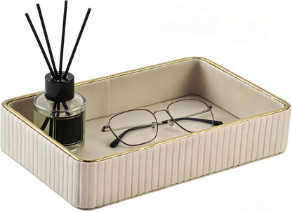 PU Leather Valet Tray,Desk Organizer Tray Nightstand Organizer Trinket Dish Storage Key Bowl Decorative Trays for Phone Wallet Jewelry Watch,Bathroom Bedroom Perfume Vanity Trays,Cream White