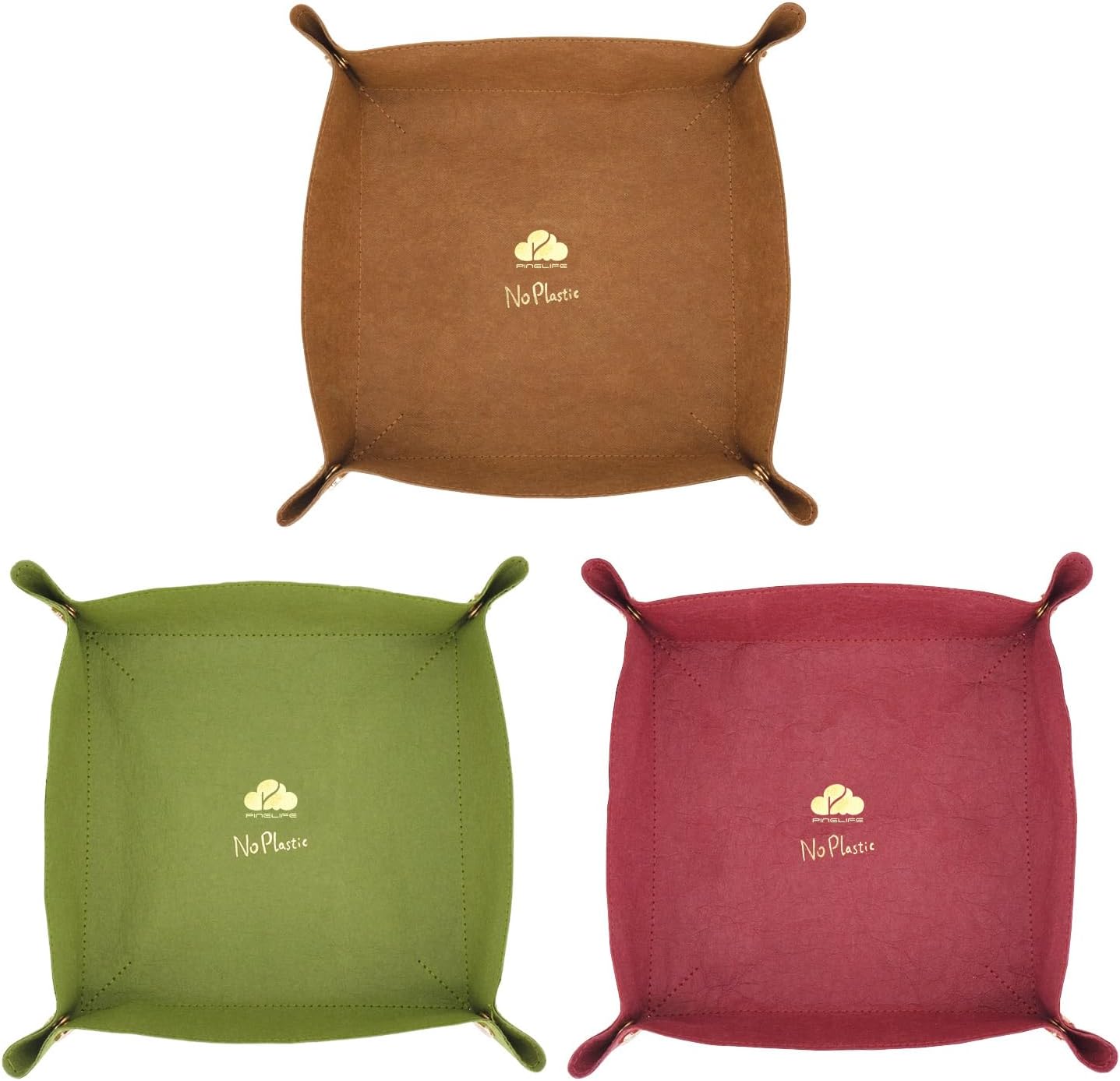 Foldable Valet Tray Set of 3 - Red, Green, Brown - Organizer for Desktop, Nightstand, Office, Travel & Holiday Gifts for Men, Women