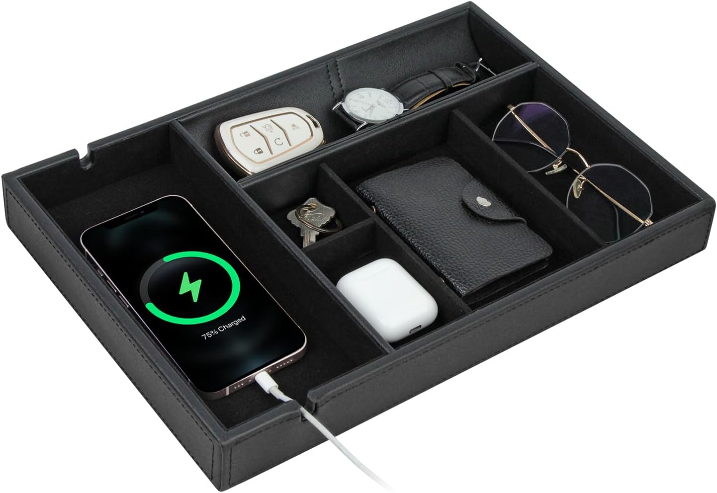 HofferRuffer Faux Leather Valet Tray for Gift, Nightstand Organizer Decorative Dresser Tray Box with Phone Charging Station, Storage Catchall for Men and Women (Black Organizer)
