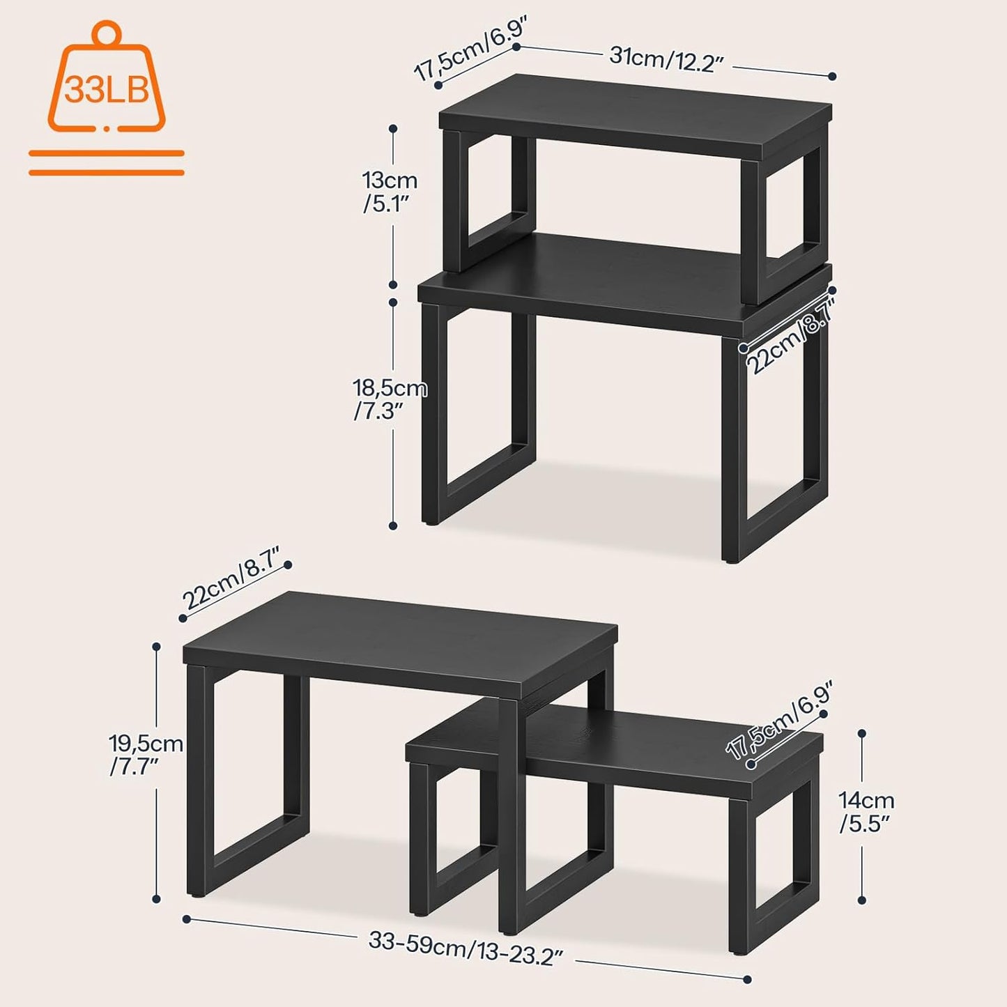 HOOBRO Cabinet Organizer Shelf, Set of 2 Kitchen Counter Shelves, Expandable Kitchen Storage, Stackable Bamboo Spice Rack, for Kitchen, Countertop, Office Desk, Living Room, Mocha MA20TL01
