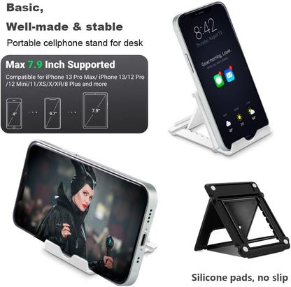 Kemoxan 2 Pack Portable Cell Phone Stand Holder for Desk, Foldable Pocket-Sized Mount, Universal Adjustable Desktop Mobile Phone Kickstand Compatible with iPhone IPads Kindle Android Black & White