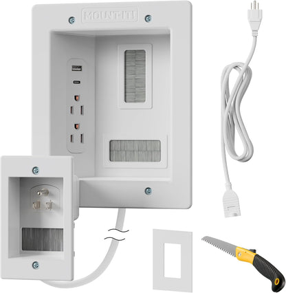 Mount-It! in-Wall TV Cable Concealer Kit with Recessed Power – Triple Outlet, 9ft Cord, and Hand Saw – Easy, Safe Cable Management for Organized TV and Home Theater Setups