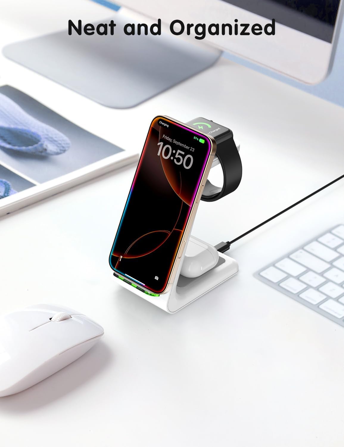 Charging Station for iPhone and Apple Watch: 3 in 1 Wireless Phone Charger Stand for iPhone 17 16 15 14 13 12 11 Pro Max & AirPods, Bedside Nightstand Docking