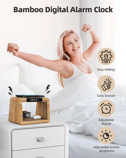 Bamboo Wireless Charging Station with Alarm Clock & Night Light, 3 in 1 Charging Station for iPhone 17/16/15/14/13/12/11 Pro Max/X/Xs, AirPods 4/3 & AirPods Pro 3/2/1/, Apple Watch Series