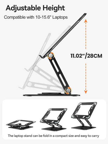 tounee Laptop Stand for Desk, Adjustable Computer Stand Holder with 360° Rotating Base, Ergonomic Laptop Riser Compatible with MacBook Pro Air, All Laptops 10-15.6"-Black