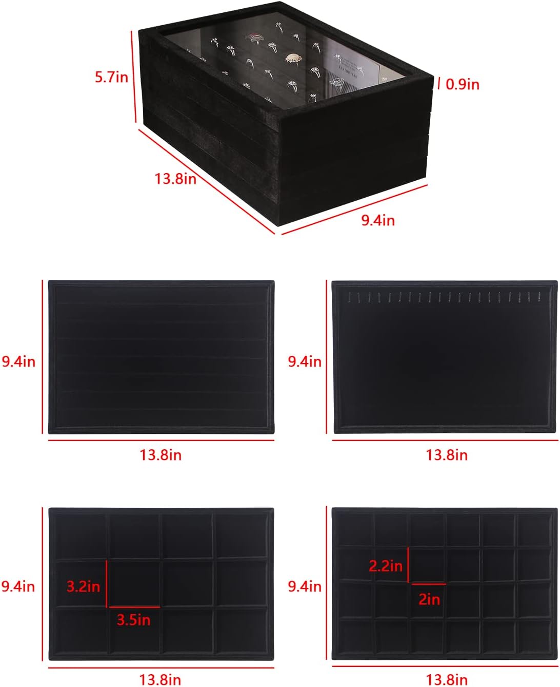 Coward Stackable Jewelry Trays Organizer Set with Clear Lid, Trays for Drawer, Earring Necklace Bracelet Ring Display Organizer (beige(ring+12girds+30girds+The glass lid))