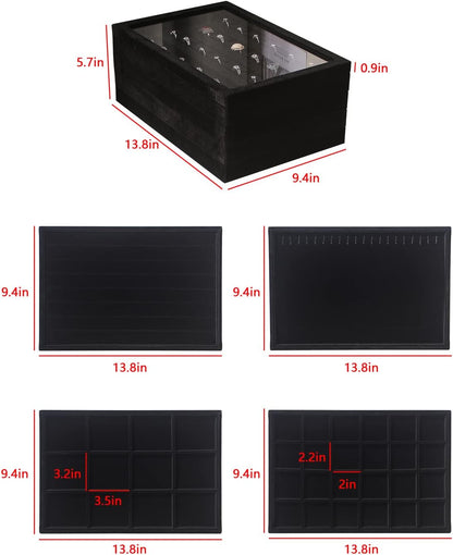 Coward Stackable Jewelry Trays Organizer Set with Clear Lid, Trays for Drawer, Earring Necklace Bracelet Ring Display Organizer (beige(ring+12girds+30girds+The glass lid))