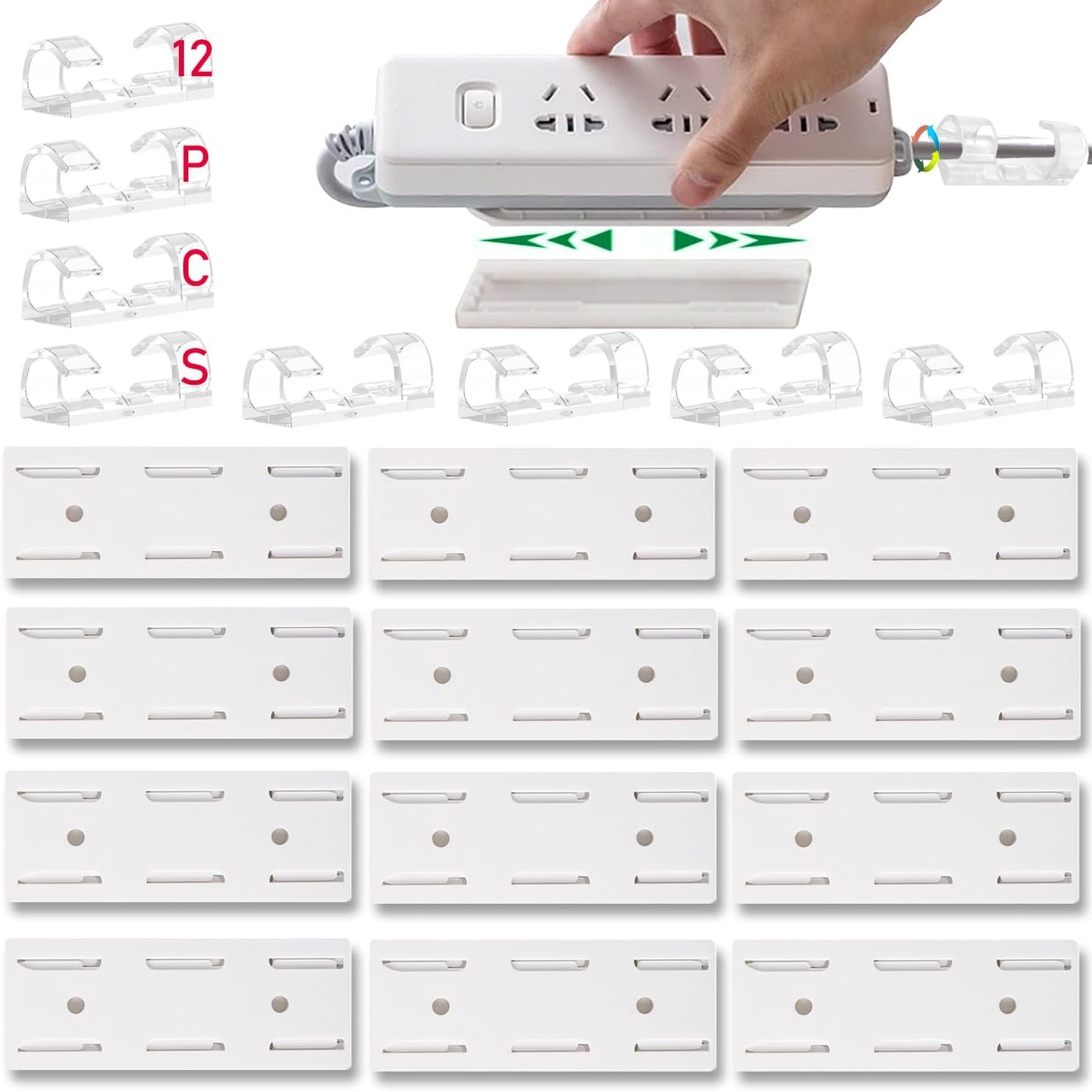 12PCS Power Strip Holder, Adhesive Punch-Free Socket Holder, Self Adhesive Socket Desktop Fixer, Cable Management Punch Free Surge Protector, Desktop Mobile Socket Holder Wall Mount and 8 Cable Clips