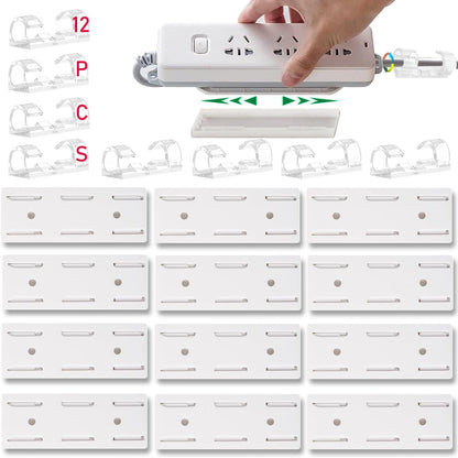 12PCS Power Strip Holder, Adhesive Punch-Free Socket Holder, Self Adhesive Socket Desktop Fixer, Cable Management Punch Free Surge Protector, Desktop Mobile Socket Holder Wall Mount and 8 Cable Clips