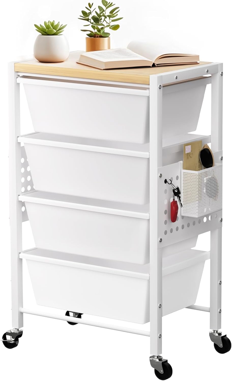 Rolling Cart with 3 Drawers, Plastic Drawer Storage Carts with Lockable Wheels & Wooden Tabletop, Metal Utility Cart Organizer, Office Bedroom Classroom Craft Organization and Storage, Bright White
