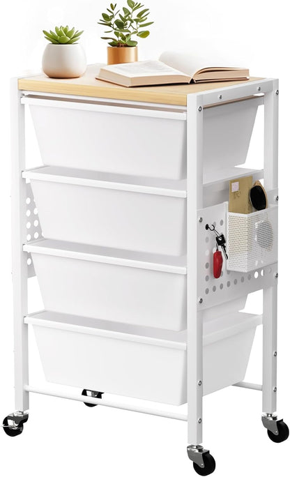 Rolling Cart with 3 Drawers, Plastic Drawer Storage Carts with Lockable Wheels & Wooden Tabletop, Metal Utility Cart Organizer, Office Bedroom Classroom Craft Organization and Storage, Bright White