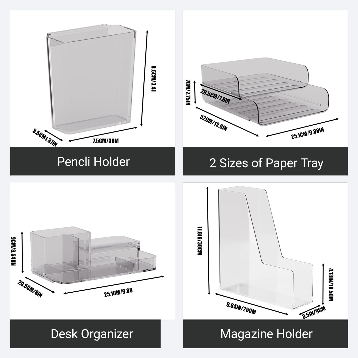 Clear Desk Organizer Set – 6-Piece Desktop Organizer with File Tray, Small Tray, Desk Organizer, Pencil Holder & 2 Magazine Holders – Plastic Office Supply Organizer for Home, School & Office