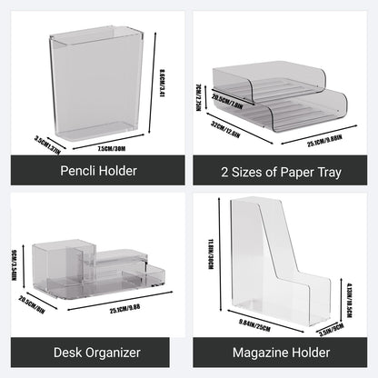 Clear Desk Organizer Set – 6-Piece Desktop Organizer with File Tray, Small Tray, Desk Organizer, Pencil Holder & 2 Magazine Holders – Plastic Office Supply Organizer for Home, School & Office