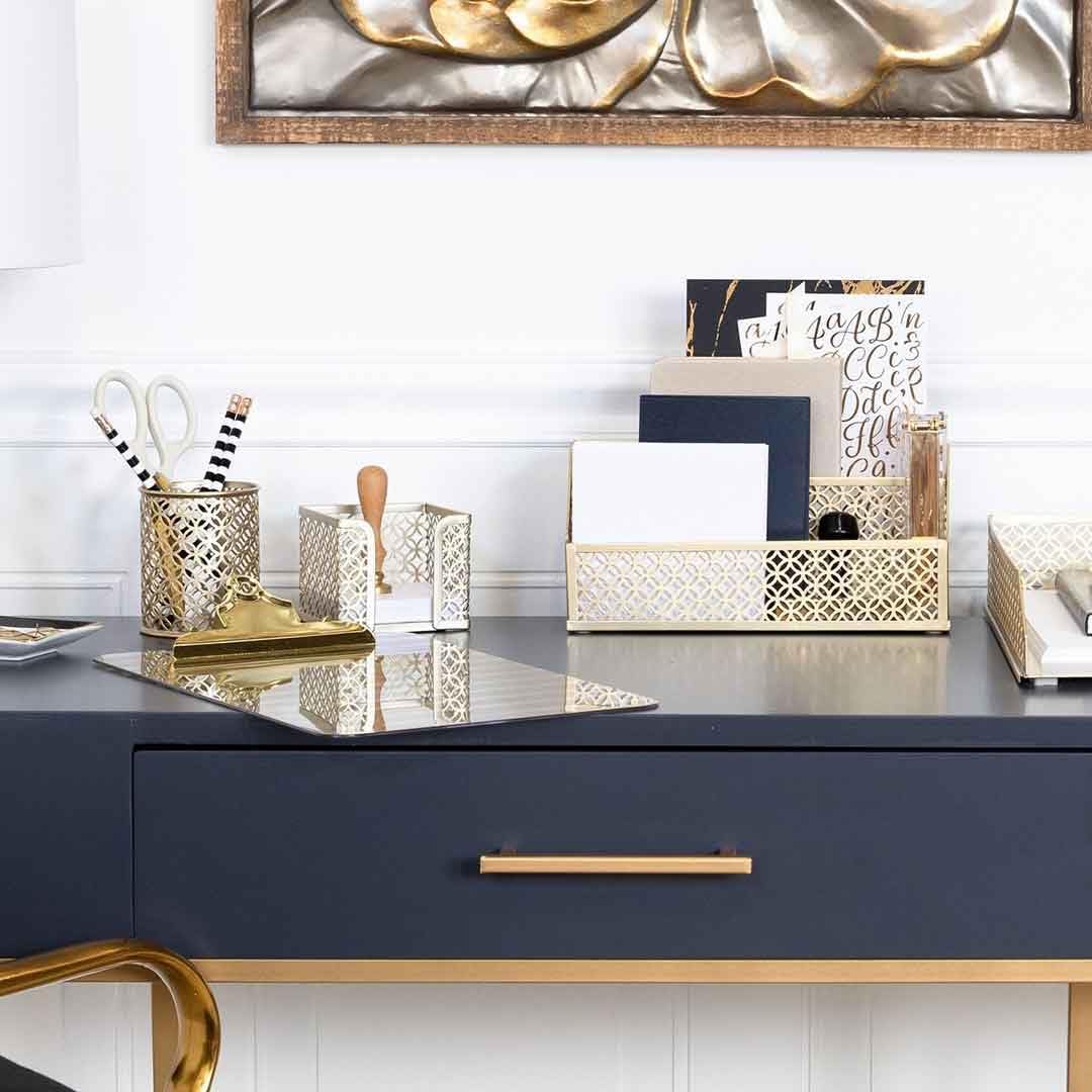 BLU MONACO Gold Pen Holder for Desk - Gold Pen & Pencil Cup - Brush Holder with Metal Circular Design