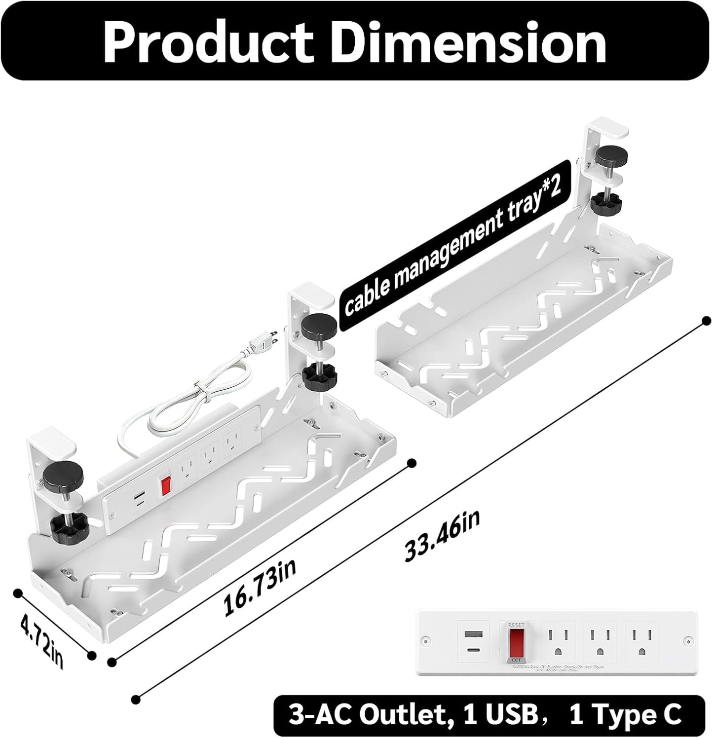 Extended Metal Under Desk Cable Management Tray with Power Outlet, No-Drill Wire Organizer with Clamp, Cord Storage Raceway for Desk Cable Management for Office Home (White)