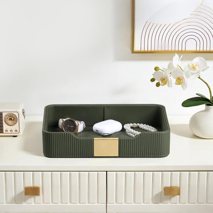 Valet Tray Desktop Storage Organizer, PU Leather Catchall Bedside Vanity Tray with Brass Accents Block Nightstand Organizer for Keys Watch Wallet Phone, Decorative Nightstand Storage (Green)