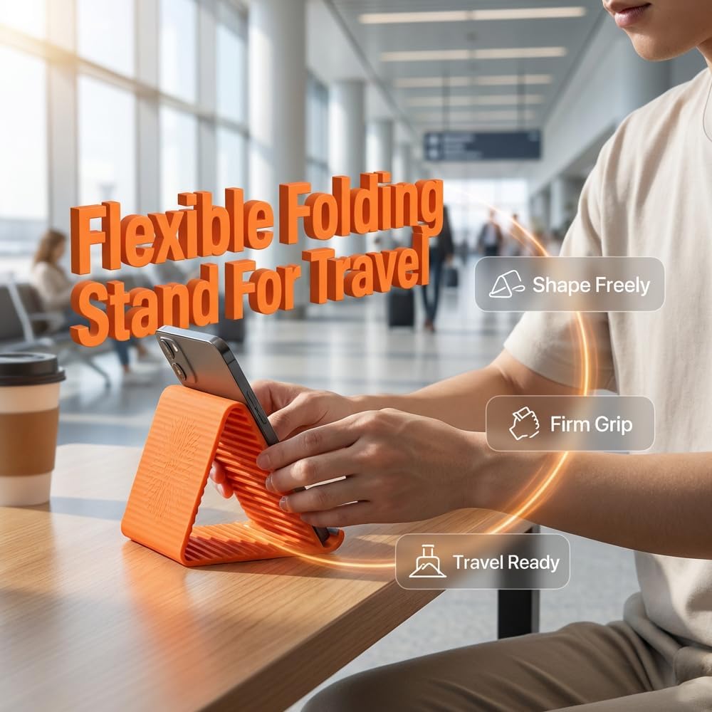 Silicone Phone Stand with Aluminum, Flexible Foldable Phone Holder, Bendable Adjustable Anti-Slip Desktop Stand for Phone Tablet Laptop, Portable Rollable Multi-Angle Stand for Travel (Black)