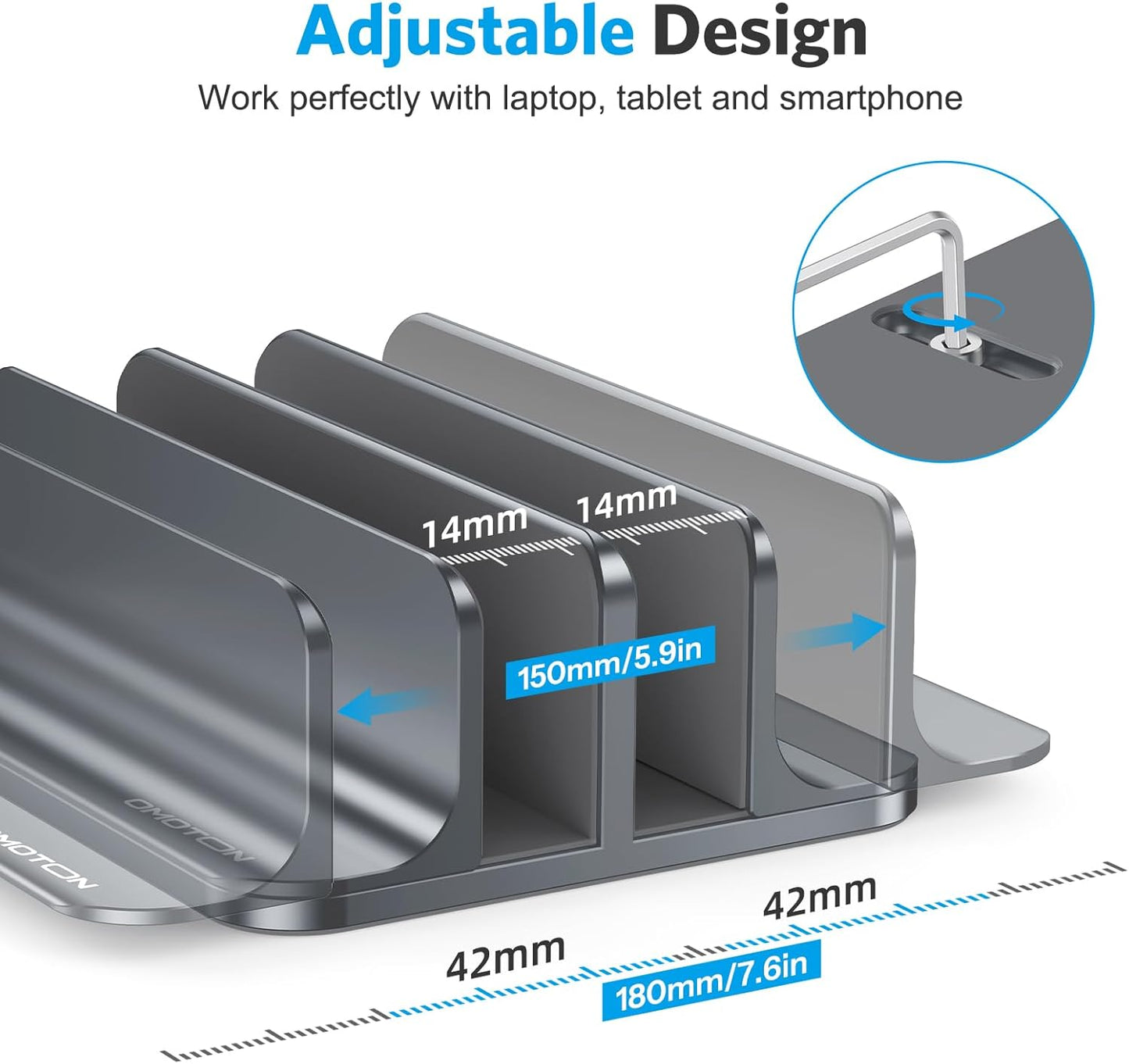 OMOTON Vertical Laptop Stand [Updated 3-Slots Version], Desktop Aluminum Mac Book Stand with Adjustable Dock Size, Fits All Mac Book, Chrome Book and Gaming Laptops (Up to 17.3 inch), Starlight