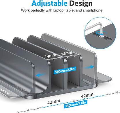 OMOTON Vertical Laptop Stand [Updated 3-Slots Version], Desktop Aluminum Mac Book Stand with Adjustable Dock Size, Fits All Mac Book, Chrome Book and Gaming Laptops (Up to 17.3 inch), Starlight