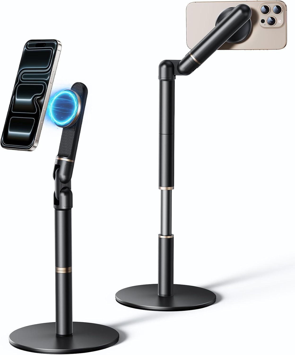 Angle Height Adjustable Magnetic Phone Stand for Desk [10"-25"] - Retractable Cell Phone Holder for Video Recording Cooking Excising Working -Aluminum iPhone 17 16 15 14 Pro Max Air Stand