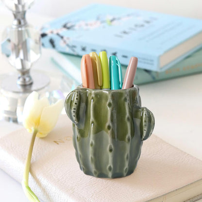 Ceramic Cactus Pen Holder, Cactus Decor Cute Pencil Holder, Makeup Brush Holder for Home, Office Desk Accessories(Dark Green)