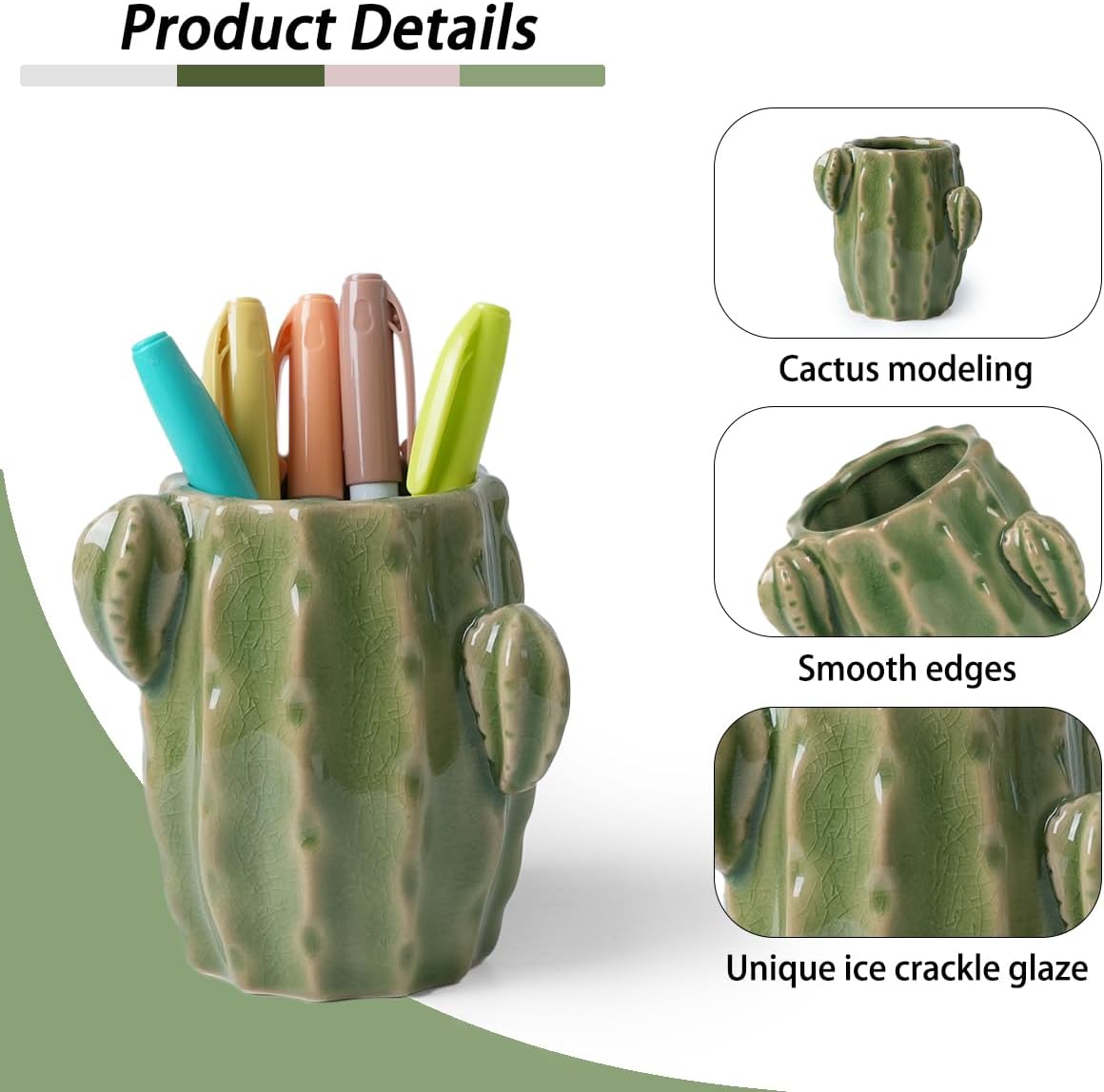 Ceramic Cactus Pen Holder, Cactus Decor Cute Pencil Holder, Makeup Brush Holder for Home, Office Desk Accessories(Dark Green)