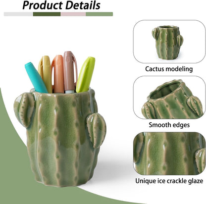 Ceramic Cactus Pen Holder, Cactus Decor Cute Pencil Holder, Makeup Brush Holder for Home, Office Desk Accessories(Dark Green)